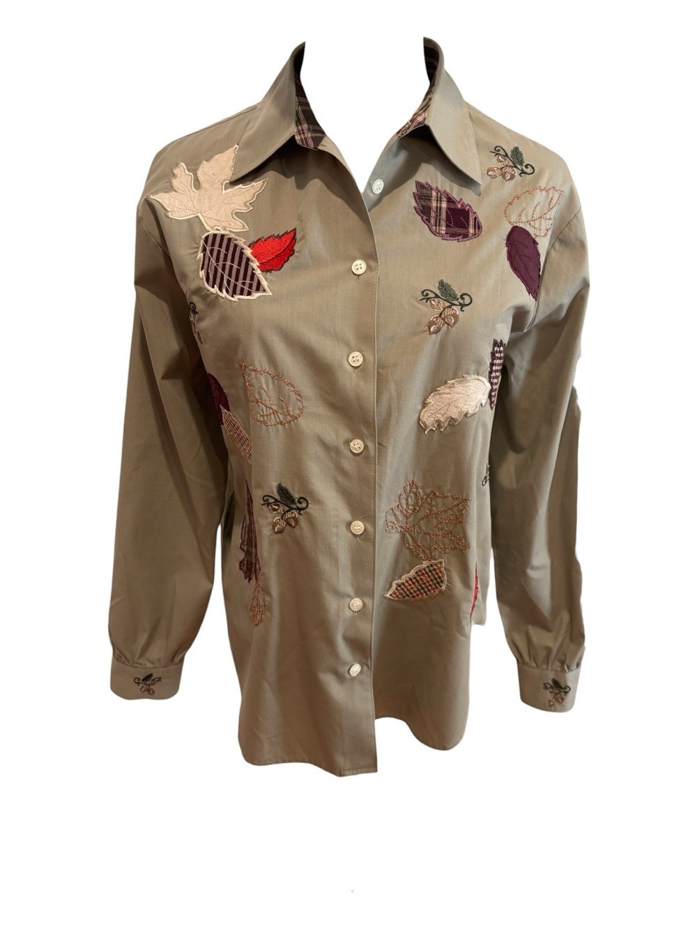 70s KAREN SCOTT TAUPE BLOUSE W PLAID ACCENTS W LEAF APPLIQUE & EMBROIDERED SZ S - Picture 2 of 8